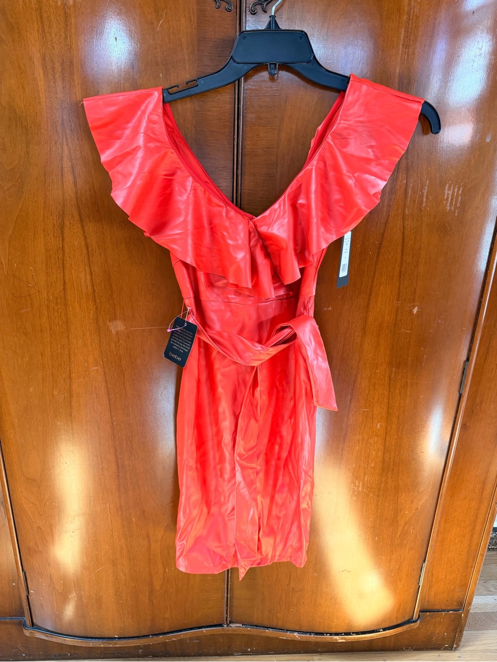 BEBE Red Vegan Leather Ruffled V-Neck Midi Dress with Tie Belt - Picture 6 of 6